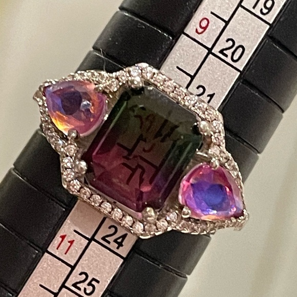 925 Watermelon Tourmaline & Pink Mercury Three Stone Sz10 NWOT - Picture 3 of 3